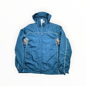 Reebok Windbreaker Jacket Mens L Blue Full Zip Hooded Mesh Lined Sporty Piping